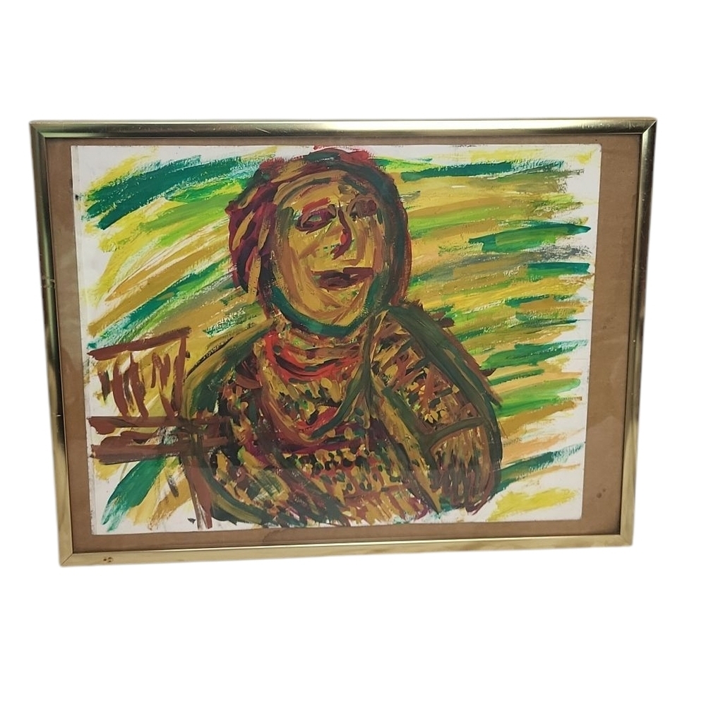 Original Grandmother In Chair Green Red Framed Abstract Art